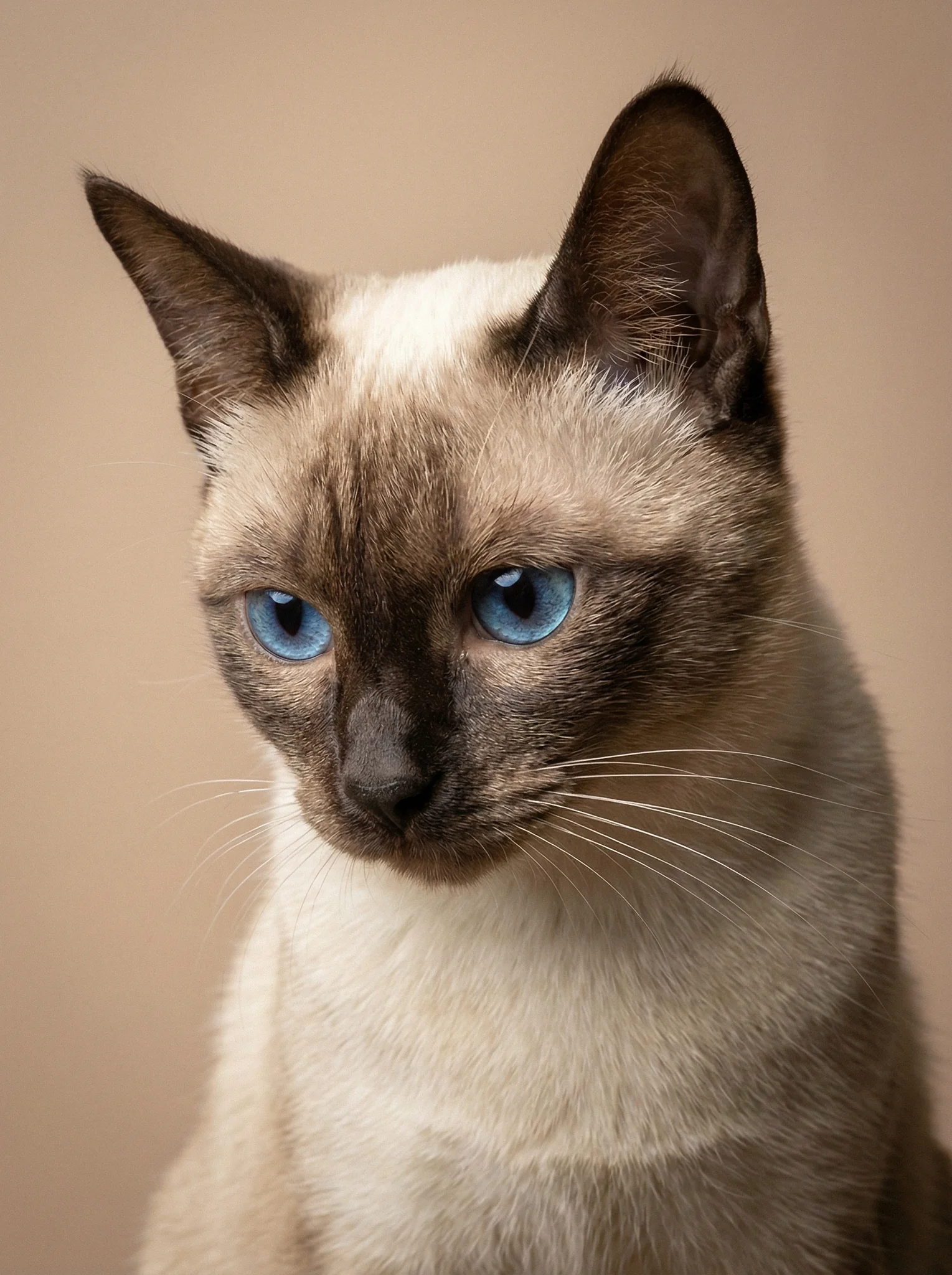 AI portrait of a Siamese cat with blue eyes on a beige background.