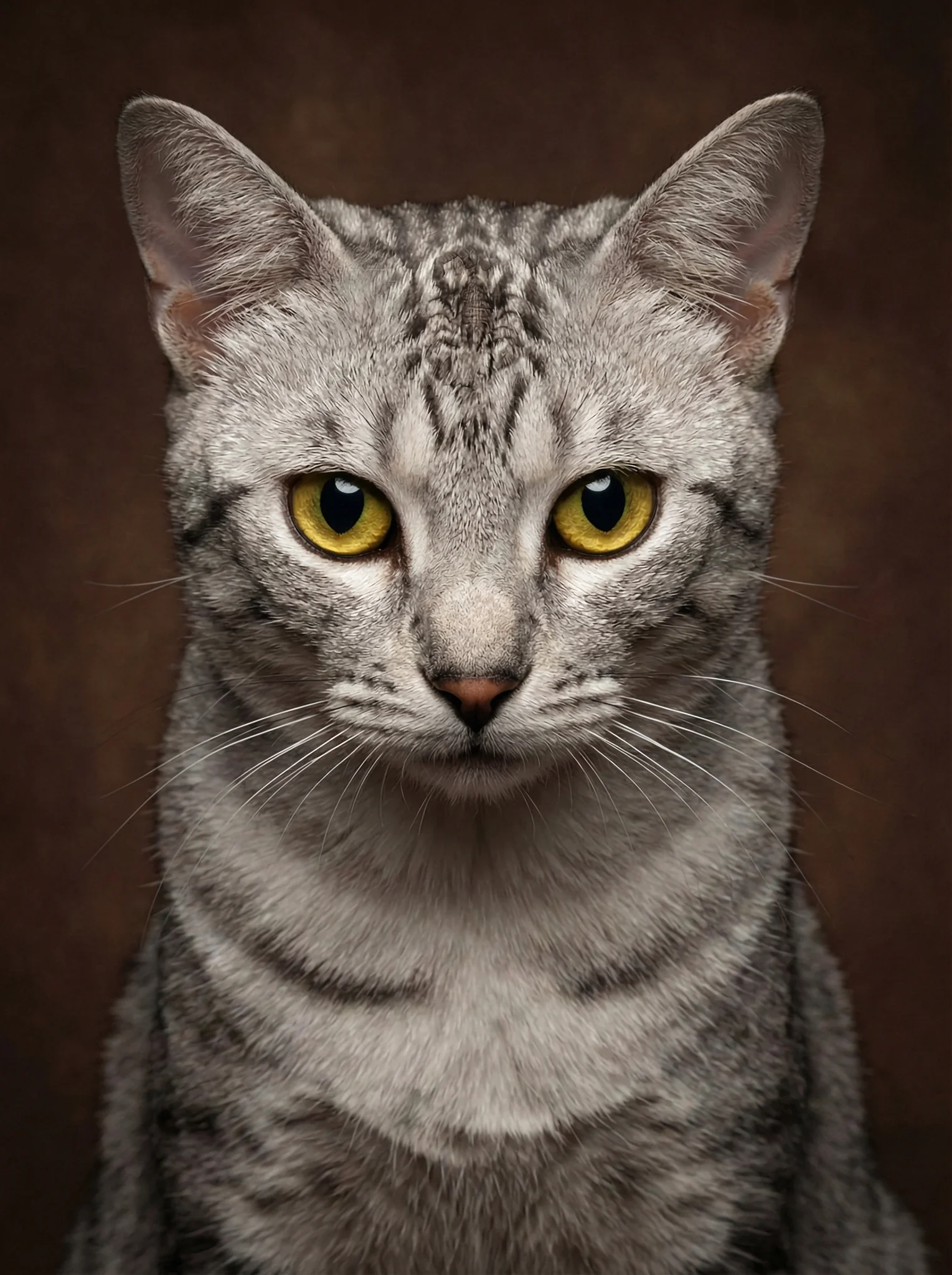 Symmetrical front-facing AI portrait of a grey cat on a brown background.
