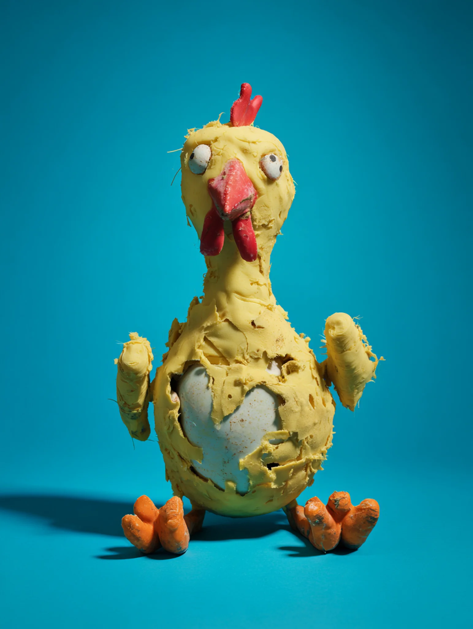 AI macro shot of a weathered and torn yellow rubber chicken toy on a vibrant blue background.