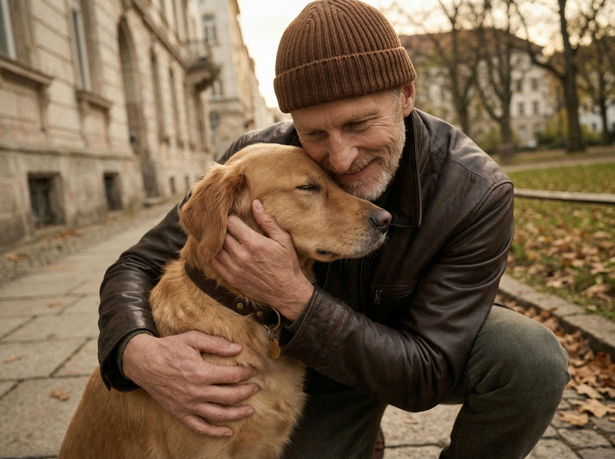 Atmospheric outdoor shot of a man in a brown jacket warmly hugging a golden dog on a city sidewalk.