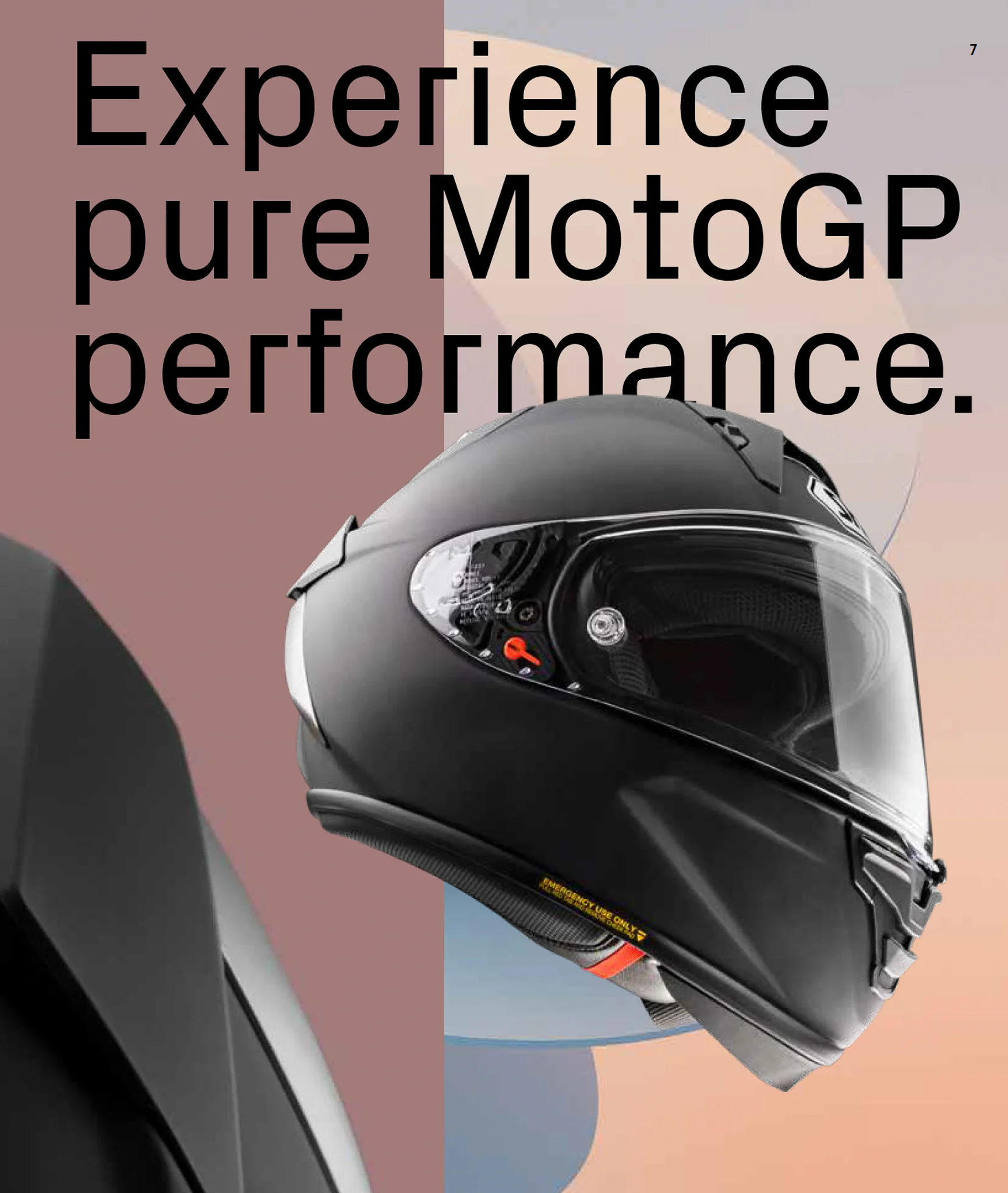 Commercial poster for Shoei helmets featuring MotoGP performance branding.